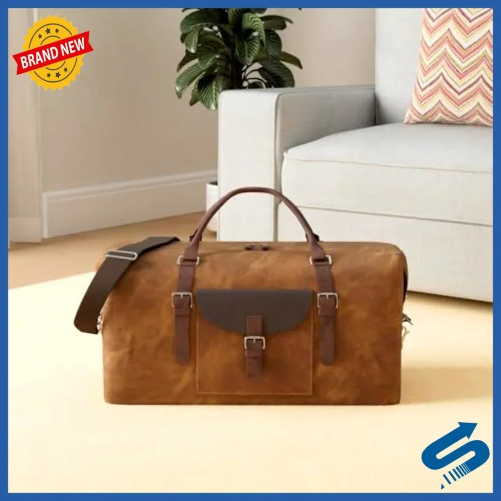 Oversized Travel Duffel Bag Waterproof Canvas Genuine Leather Weekender Carryon